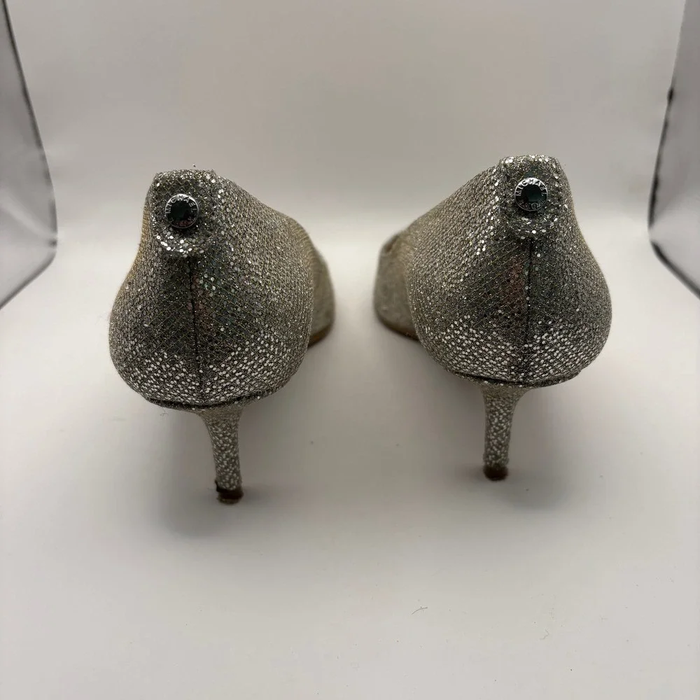 Michael Kors Silver Glitter Pointed Toe Kitten Heel Pumps Womens 8M